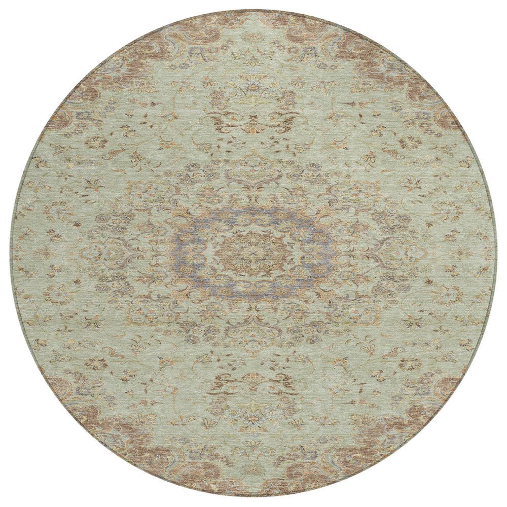 8' Sage And Brown Round Floral Medallion Washable Indoor Outdoor Area Rug HomeRoots