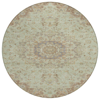 8' Sage And Brown Round Floral Medallion Washable Indoor Outdoor Area Rug HomeRoots