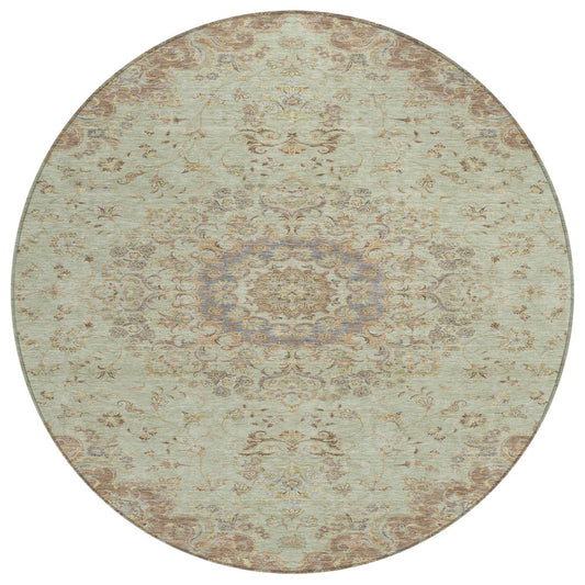 8' Sage And Brown Round Floral Medallion Washable Indoor Outdoor Area Rug HomeRoots