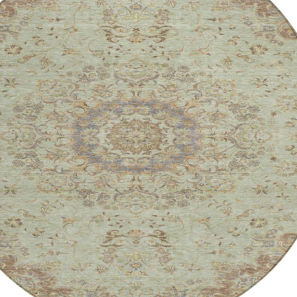 8' Sage And Brown Round Floral Medallion Washable Indoor Outdoor Area Rug HomeRoots