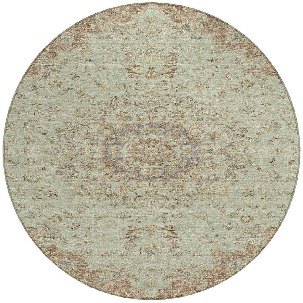 8' Sage And Brown Round Floral Medallion Washable Indoor Outdoor Area Rug HomeRoots