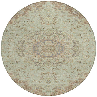 8' Sage And Brown Round Floral Medallion Washable Indoor Outdoor Area Rug HomeRoots