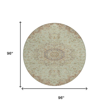 8' Sage And Brown Round Floral Medallion Washable Indoor Outdoor Area Rug HomeRoots