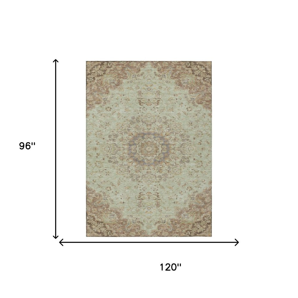 8' X 10' Sage And Brown Floral Medallion Washable Indoor Outdoor Area Rug HomeRoots