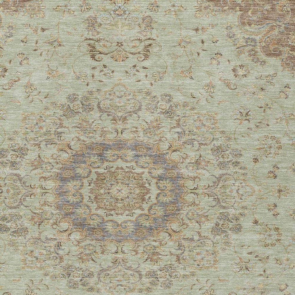 9' X 12' Sage And Brown Floral Medallion Washable Indoor Outdoor Area Rug HomeRoots