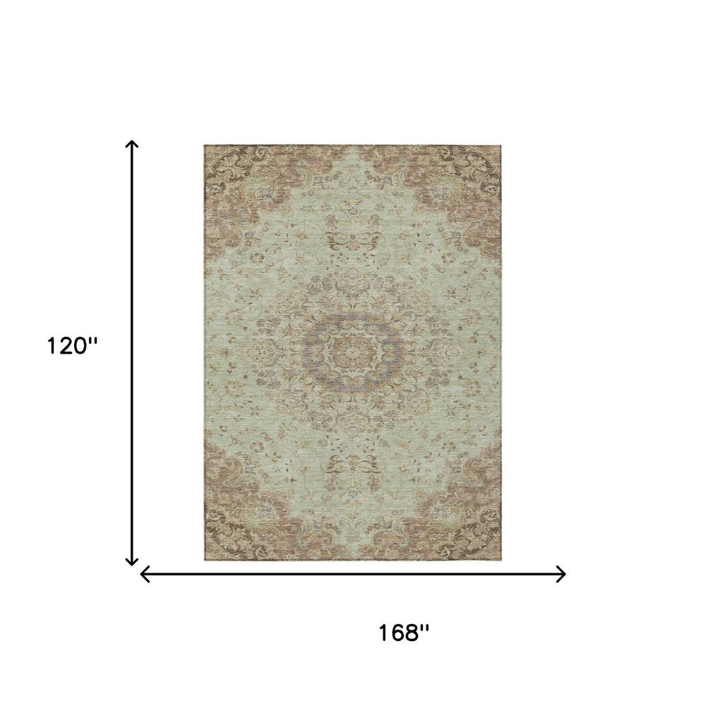 10' X 14' Sage And Brown Floral Medallion Washable Indoor Outdoor Area Rug HomeRoots