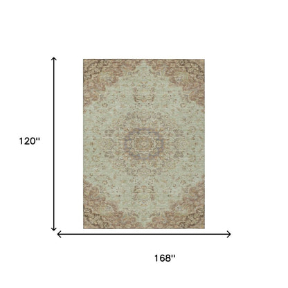 10' X 14' Sage And Brown Floral Medallion Washable Indoor Outdoor Area Rug HomeRoots