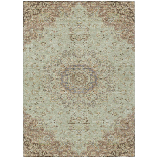 10' X 14' Sage And Brown Floral Medallion Washable Indoor Outdoor Area Rug HomeRoots