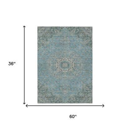 3' X 5' Teal Blue And Turquoise Floral Medallion Washable Indoor Outdoor Area Rug HomeRoots
