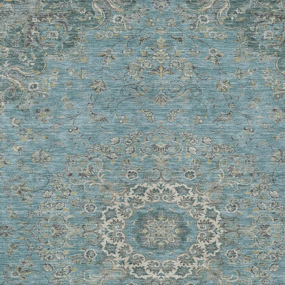 3' X 5' Teal Blue And Turquoise Floral Medallion Washable Indoor Outdoor Area Rug HomeRoots
