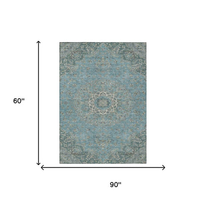 5' X 8' Teal Blue And Turquoise Floral Medallion Washable Indoor Outdoor Area Rug HomeRoots