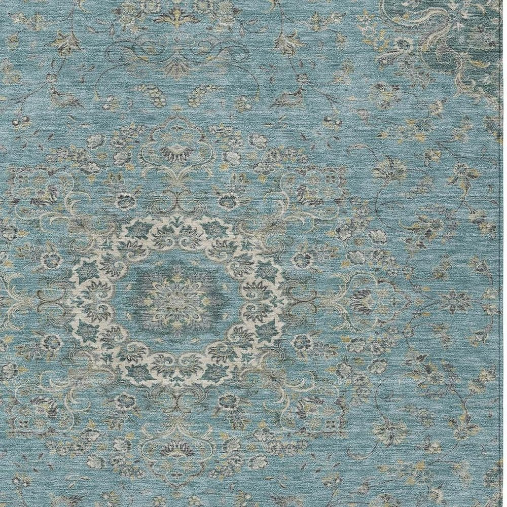 5' X 8' Teal Blue And Turquoise Floral Medallion Washable Indoor Outdoor Area Rug HomeRoots