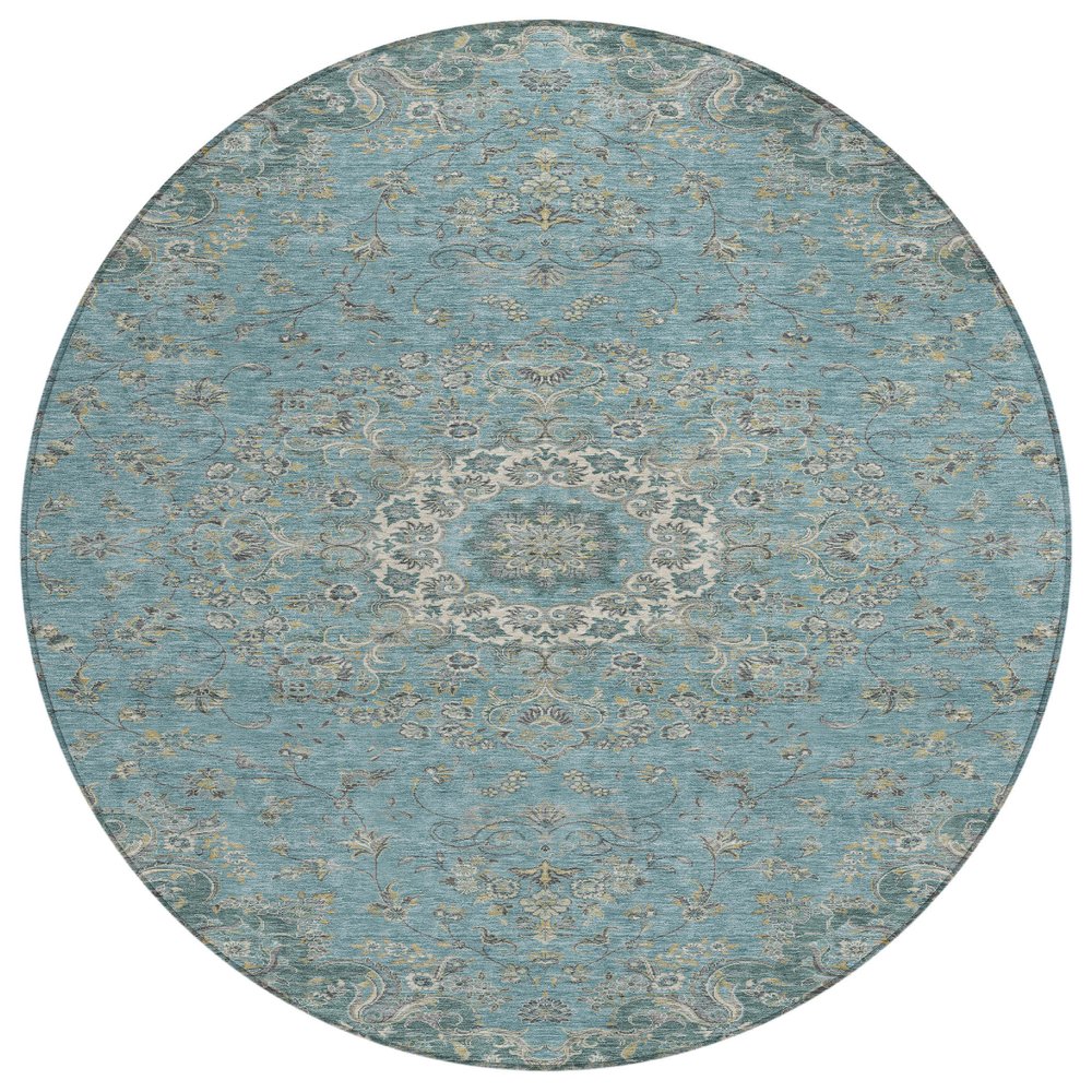 8' Teal Blue And Turquoise Round Floral Medallion Washable Indoor Outdoor Area Rug HomeRoots