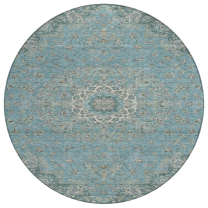 8' Teal Blue And Turquoise Round Floral Medallion Washable Indoor Outdoor Area Rug HomeRoots