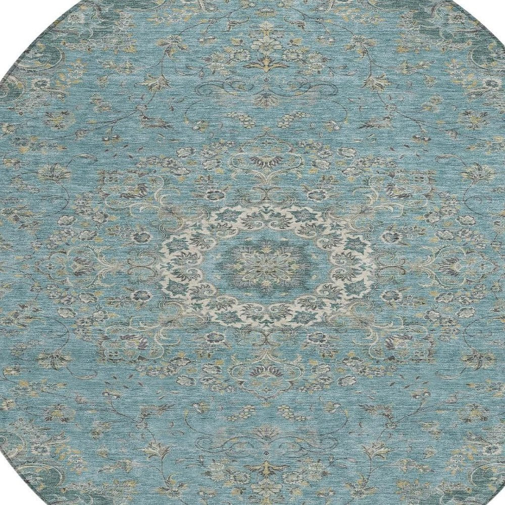 8' Teal Blue And Turquoise Round Floral Medallion Washable Indoor Outdoor Area Rug HomeRoots
