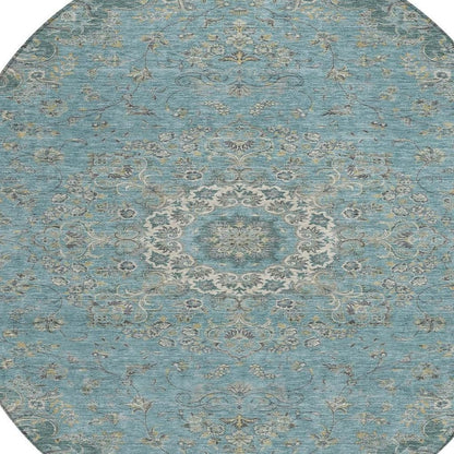 8' Teal Blue And Turquoise Round Floral Medallion Washable Indoor Outdoor Area Rug HomeRoots