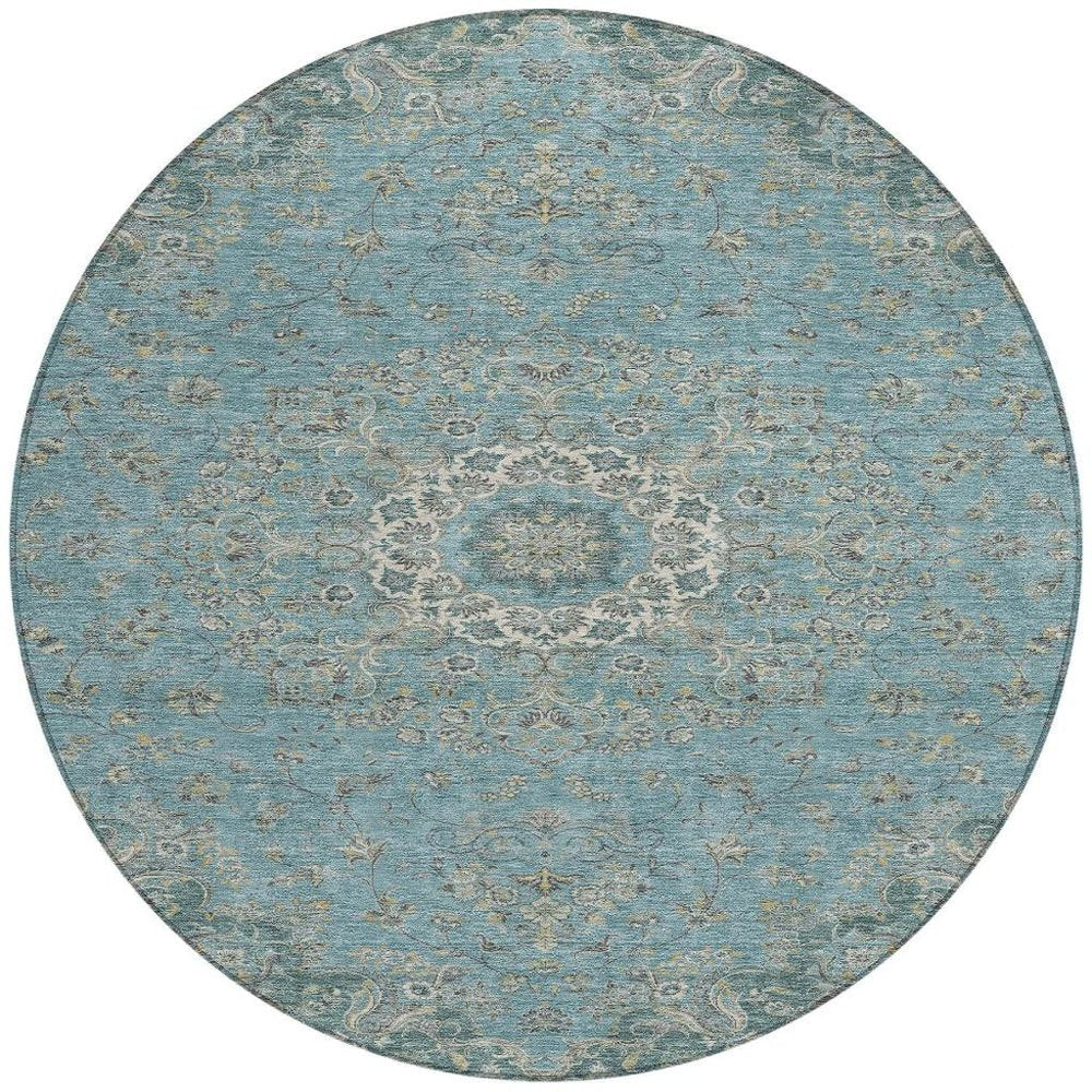 8' Teal Blue And Turquoise Round Floral Medallion Washable Indoor Outdoor Area Rug HomeRoots