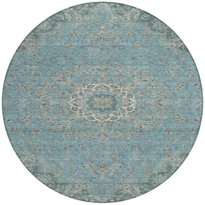 8' Teal Blue And Turquoise Round Floral Medallion Washable Indoor Outdoor Area Rug HomeRoots