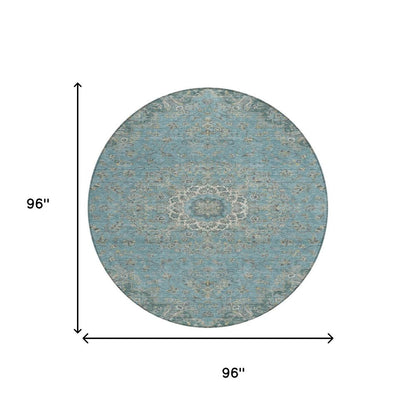 8' Teal Blue And Turquoise Round Floral Medallion Washable Indoor Outdoor Area Rug HomeRoots