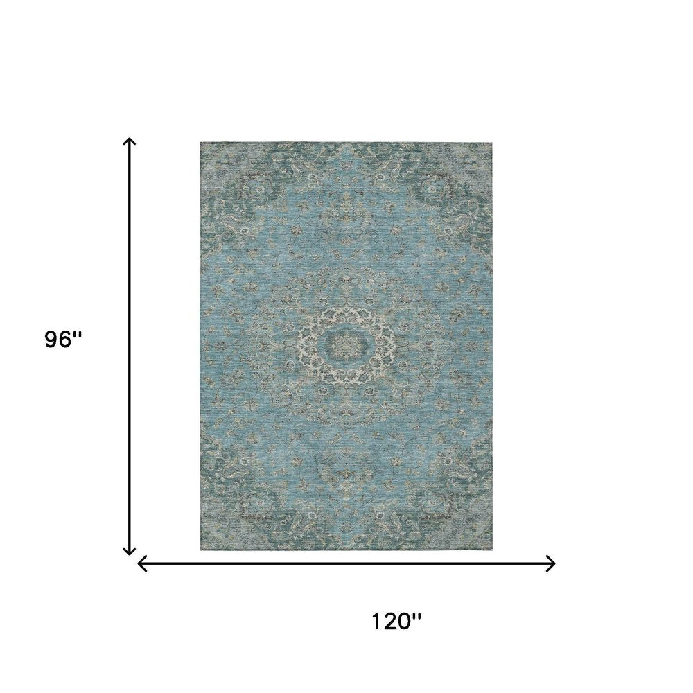 8' X 10' Teal Blue And Turquoise Floral Medallion Washable Indoor Outdoor Area Rug HomeRoots