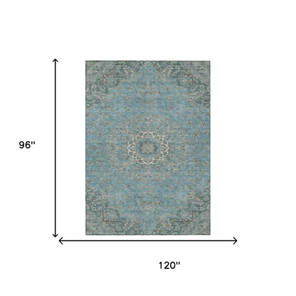 8' X 10' Teal Blue And Turquoise Floral Medallion Washable Indoor Outdoor Area Rug HomeRoots