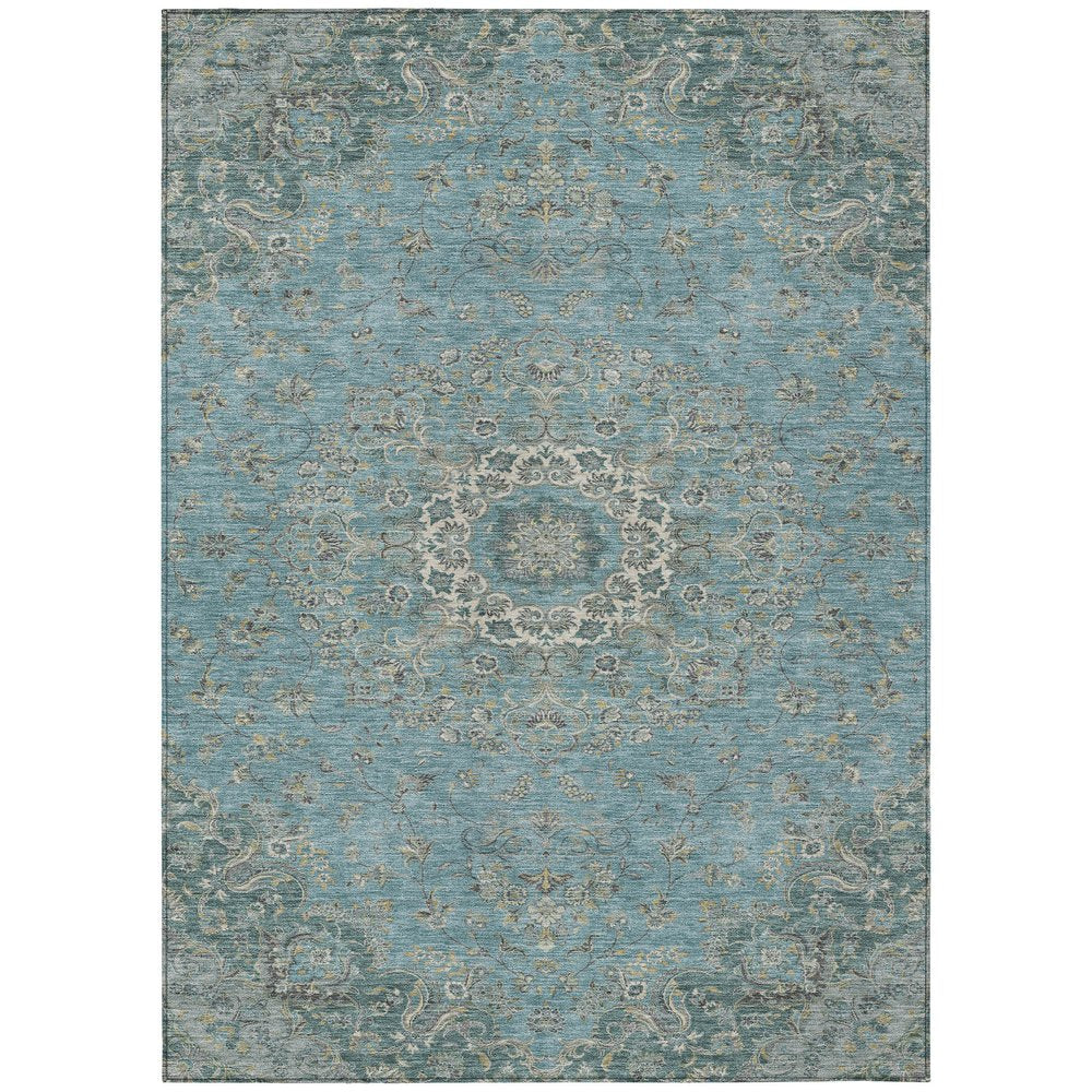 8' X 10' Teal Blue And Turquoise Floral Medallion Washable Indoor Outdoor Area Rug HomeRoots