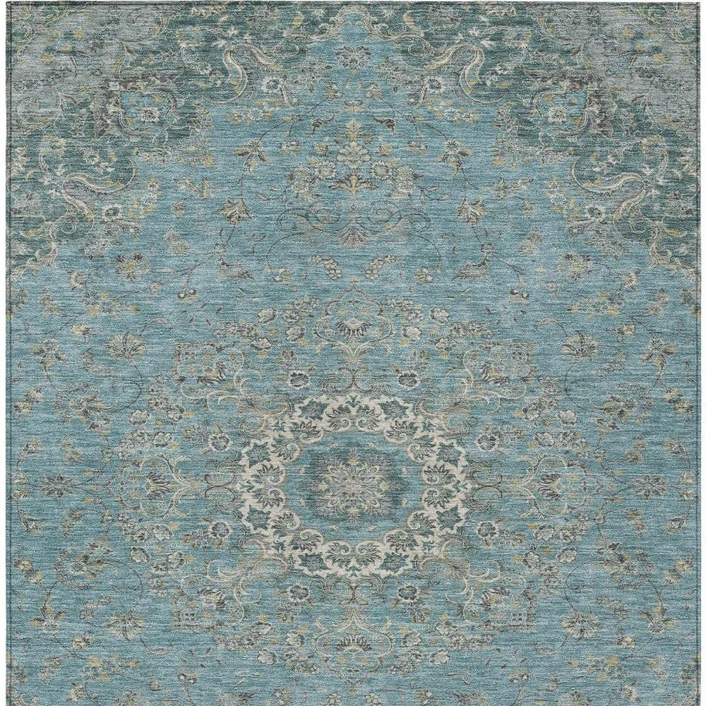 8' X 10' Teal Blue And Turquoise Floral Medallion Washable Indoor Outdoor Area Rug HomeRoots