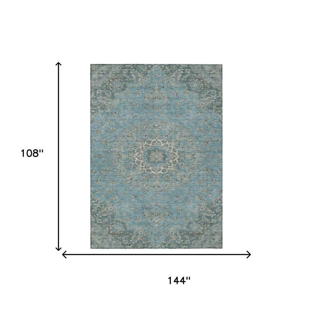 9' X 12' Teal Blue And Turquoise Floral Medallion Washable Indoor Outdoor Area Rug HomeRoots