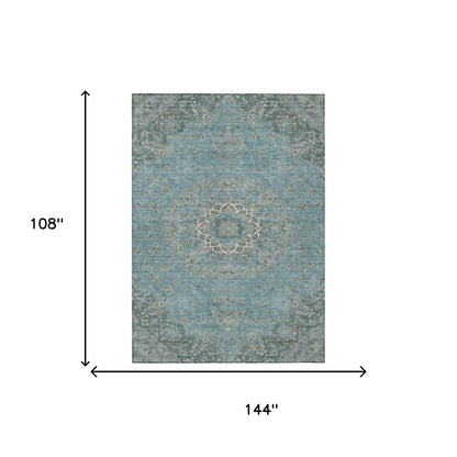 9' X 12' Teal Blue And Turquoise Floral Medallion Washable Indoor Outdoor Area Rug HomeRoots