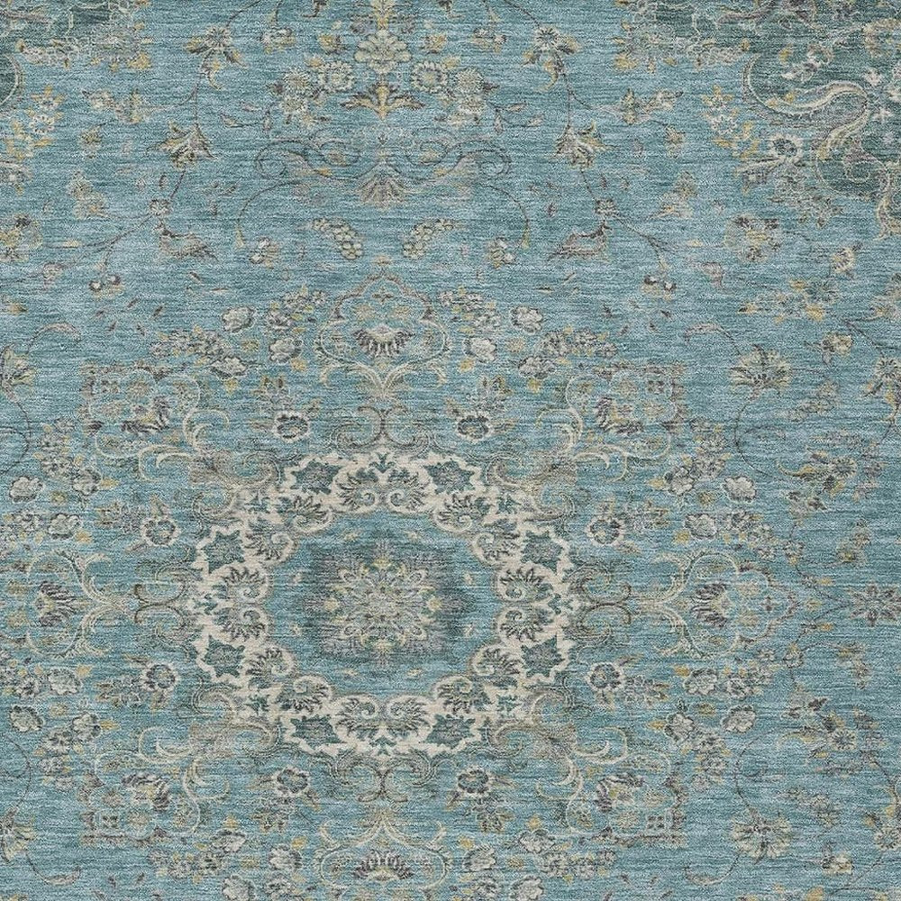 9' X 12' Teal Blue And Turquoise Floral Medallion Washable Indoor Outdoor Area Rug HomeRoots