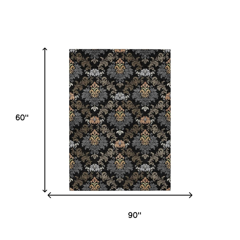 5' X 8' Black And Charcoal Damask Washable Indoor Outdoor Area Rug HomeRoots