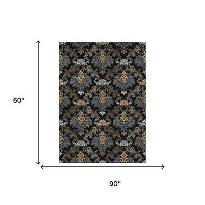 5' X 8' Black And Charcoal Damask Washable Indoor Outdoor Area Rug HomeRoots