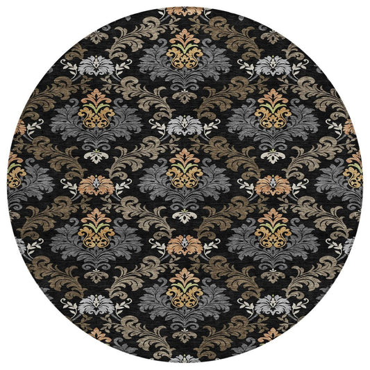 8' Black And Charcoal Round Damask Washable Indoor Outdoor Area Rug HomeRoots