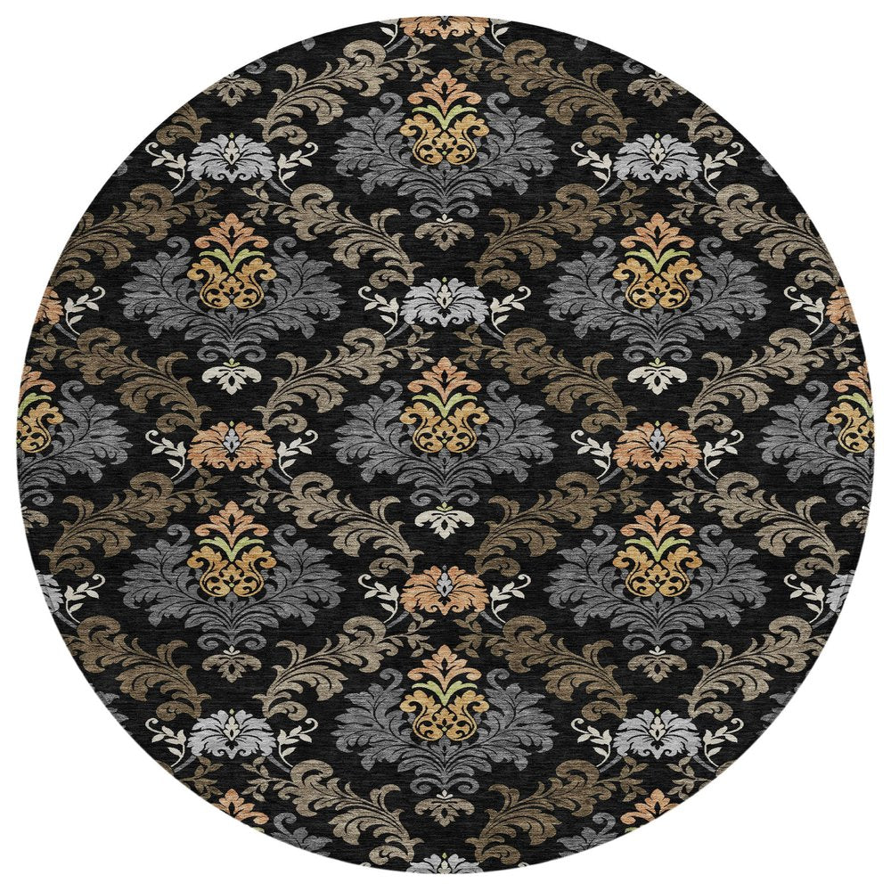 8' Black And Charcoal Round Damask Washable Indoor Outdoor Area Rug HomeRoots