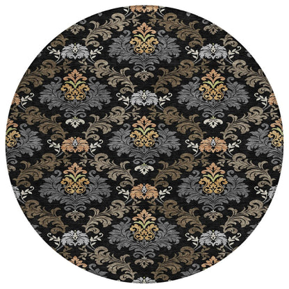 8' Black And Charcoal Round Damask Washable Indoor Outdoor Area Rug HomeRoots