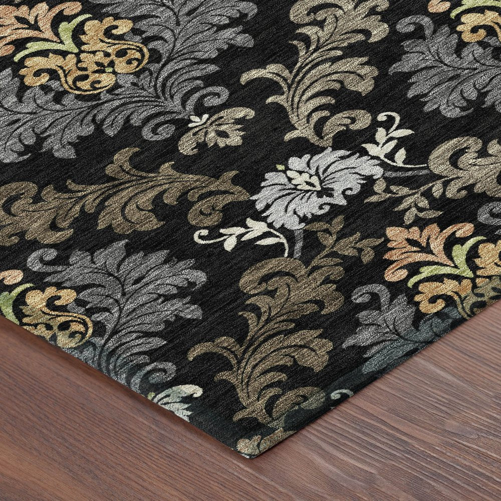 8' Black And Charcoal Round Damask Washable Indoor Outdoor Area Rug HomeRoots