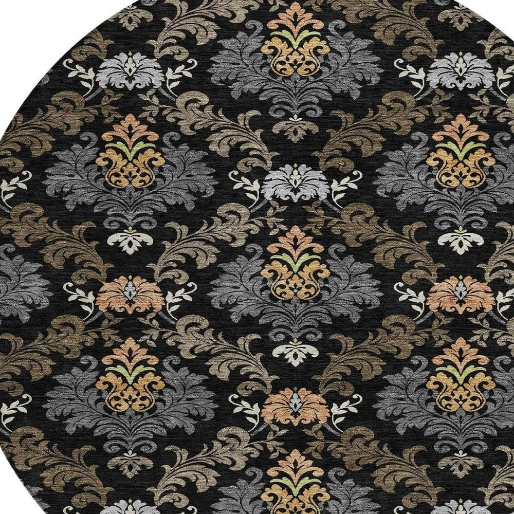 8' Black And Charcoal Round Damask Washable Indoor Outdoor Area Rug HomeRoots