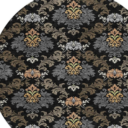 8' Black And Charcoal Round Damask Washable Indoor Outdoor Area Rug HomeRoots