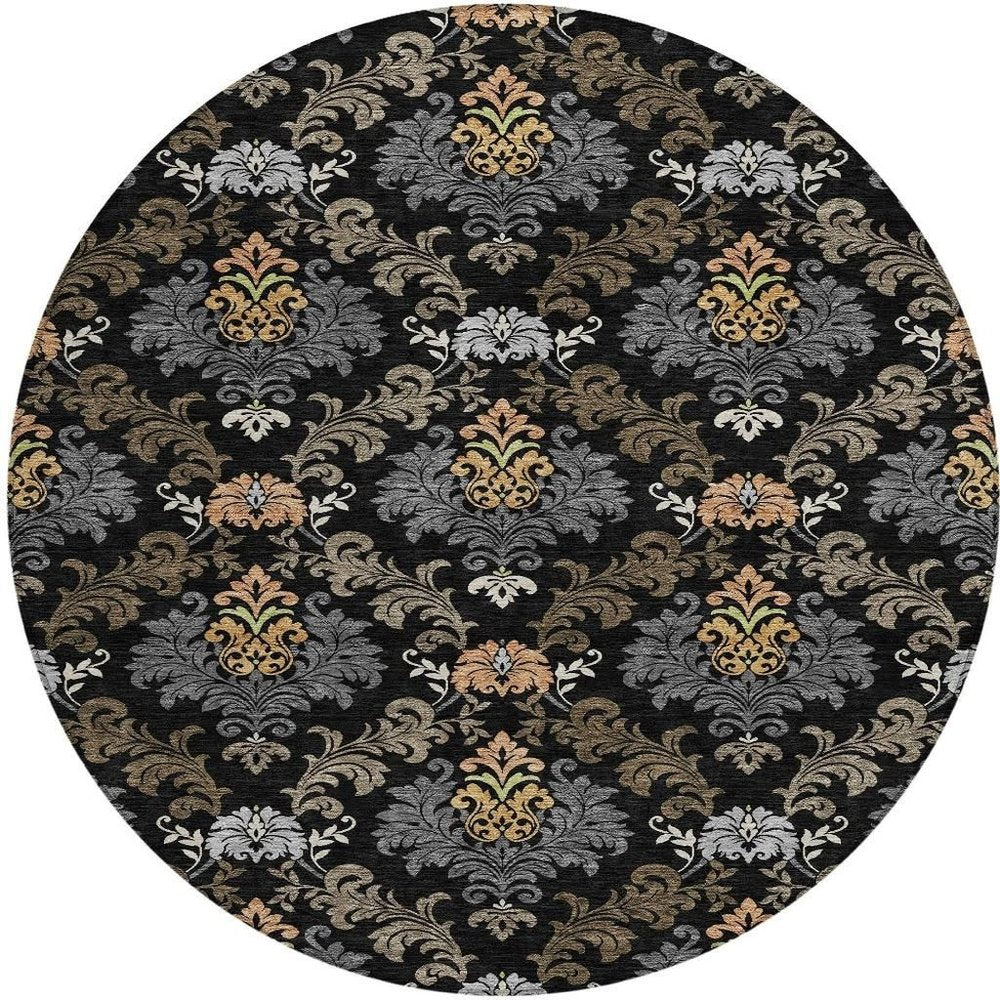 8' Black And Charcoal Round Damask Washable Indoor Outdoor Area Rug HomeRoots