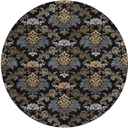 8' Black And Charcoal Round Damask Washable Indoor Outdoor Area Rug HomeRoots
