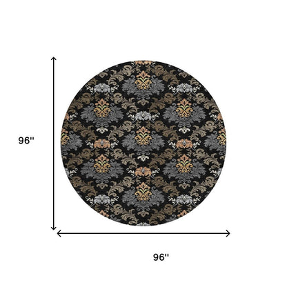 8' Black And Charcoal Round Damask Washable Indoor Outdoor Area Rug HomeRoots