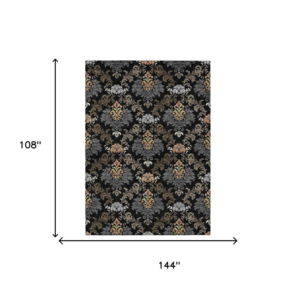9' X 12' Black And Charcoal Damask Washable Indoor Outdoor Area Rug HomeRoots