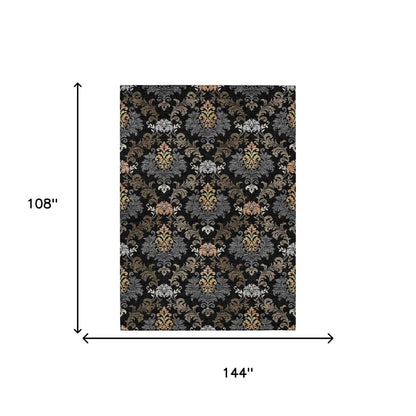 9' X 12' Black And Charcoal Damask Washable Indoor Outdoor Area Rug HomeRoots