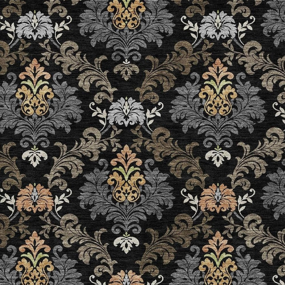 9' X 12' Black And Charcoal Damask Washable Indoor Outdoor Area Rug HomeRoots