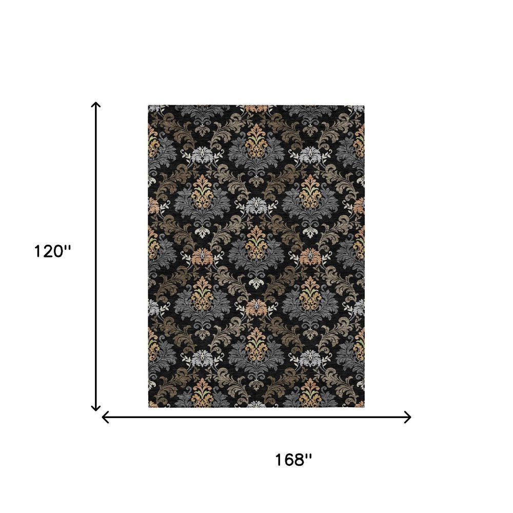 10' X 14' Black And Charcoal Damask Washable Indoor Outdoor Area Rug HomeRoots