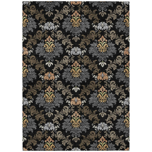 10' X 14' Black And Charcoal Damask Washable Indoor Outdoor Area Rug HomeRoots