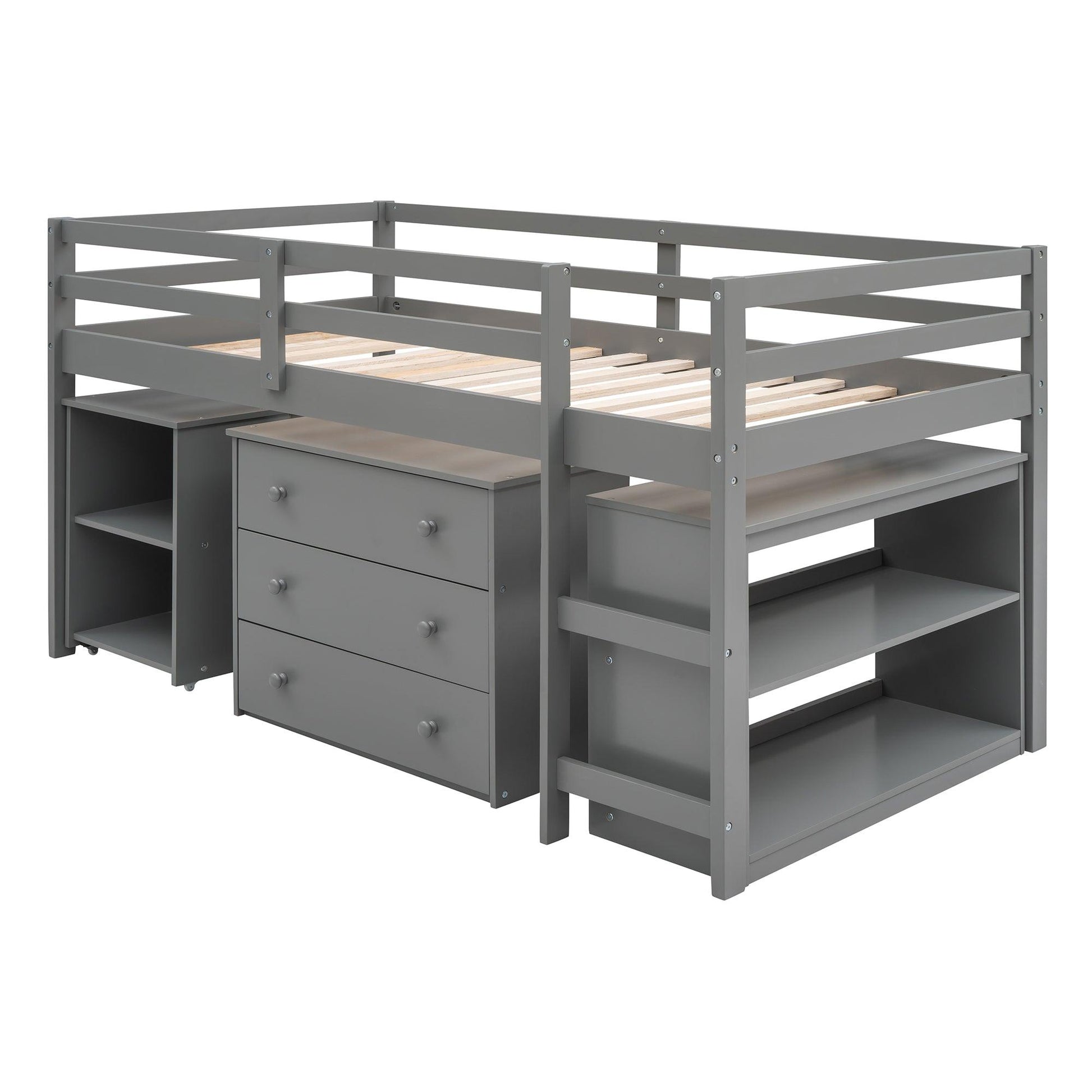 Low Study Twin Loft Bed with Cabinet and Rolling Portable Desk - Gray - FurniFindUSA