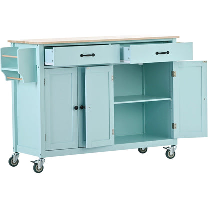 Kitchen Island Cart with 4 Door Cabinet and Two Drawers and 2 Locking Wheels - Solid Wood Top (Mint Green) - FurniFindUSA