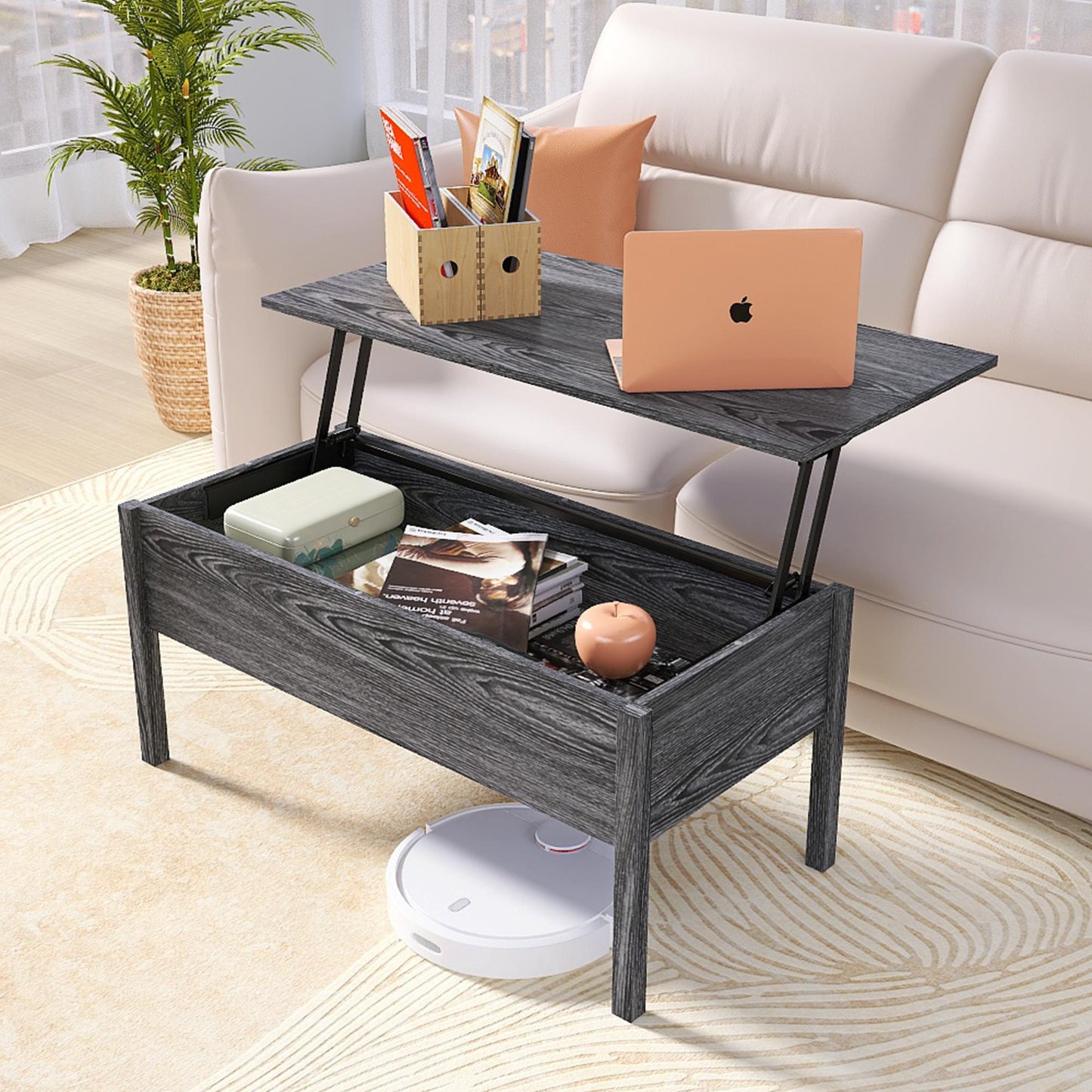 MDF Lift-Top Coffee Table with Storage For Living Room,Dark Grey Oak - FurniFindUSA