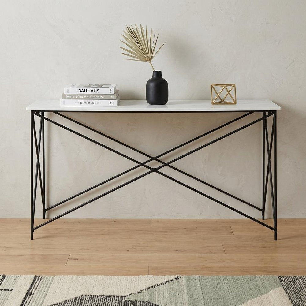59" White and Black Genuine Marble and Metal Console Table — view 1